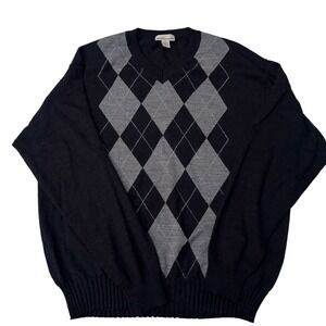Merino Wool Blend L Fit (XXL Tag) V neck Sweater Pronto Uomo Black & Grey Argyle